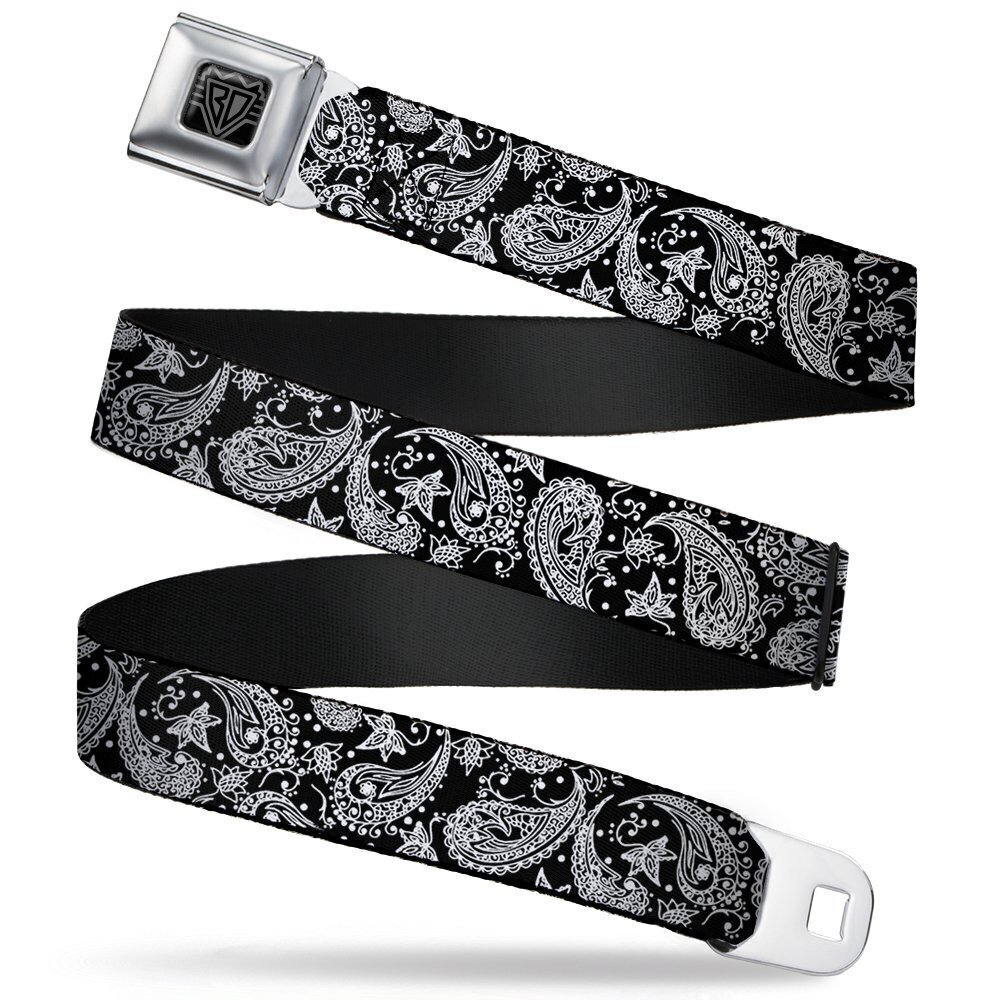 5037 Belt, Seatbelt Buckle Belt, Floral Paisley Black White, 24 to 38